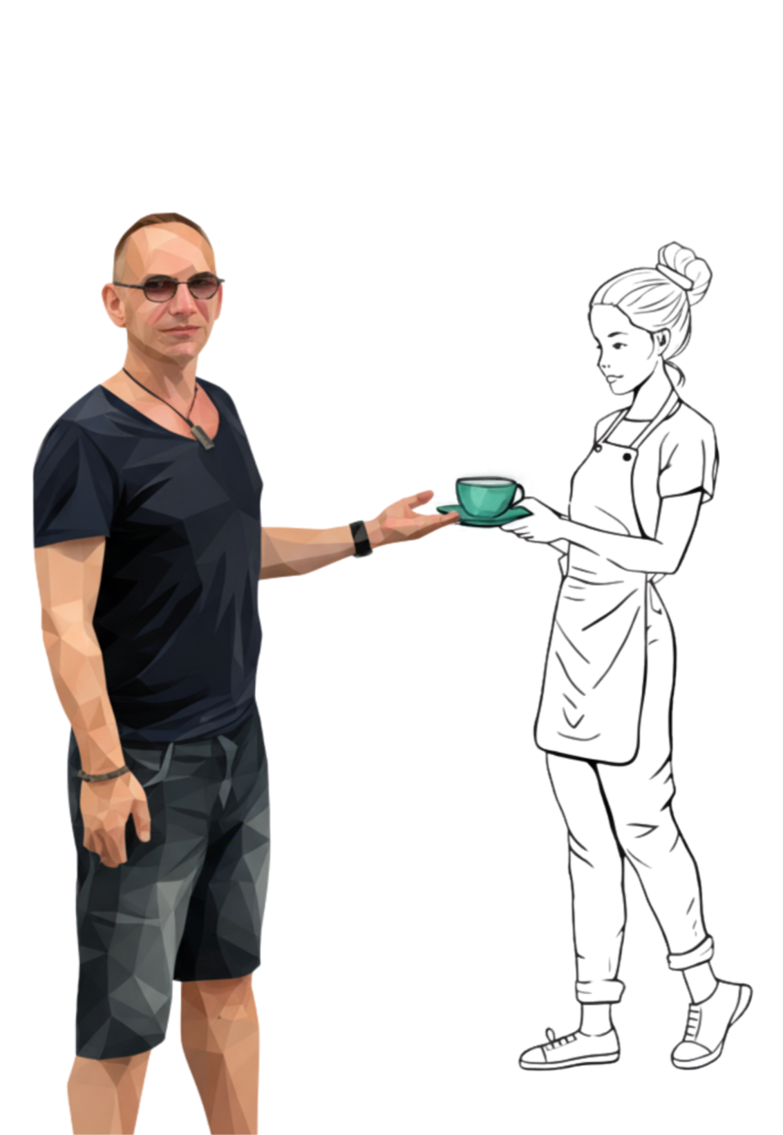 Stylized polygon portrait of Lukas Vercik with a barista outline offering coffee on lukasvercik.com